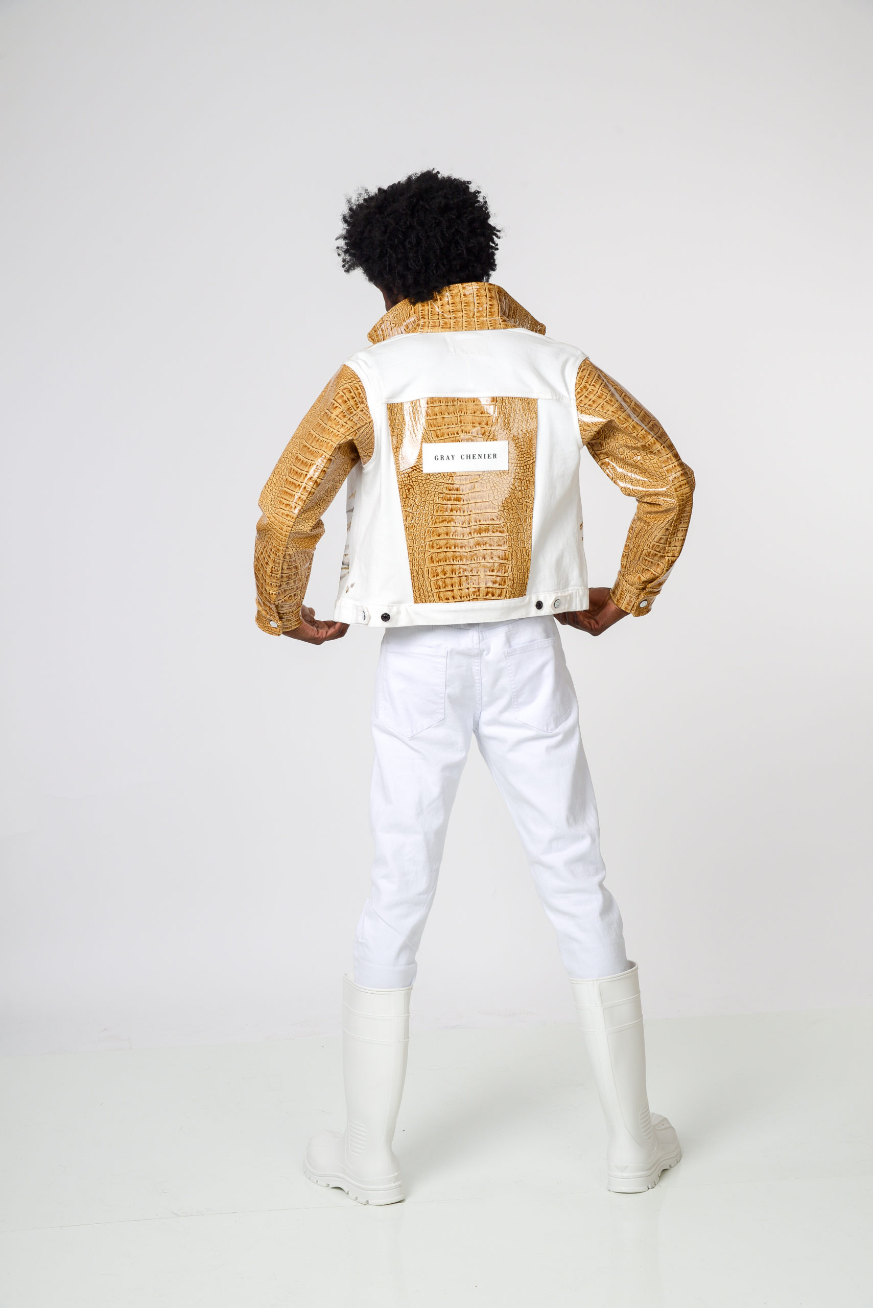 Tawny patent leather and handpainted white denim jacket Graychenier