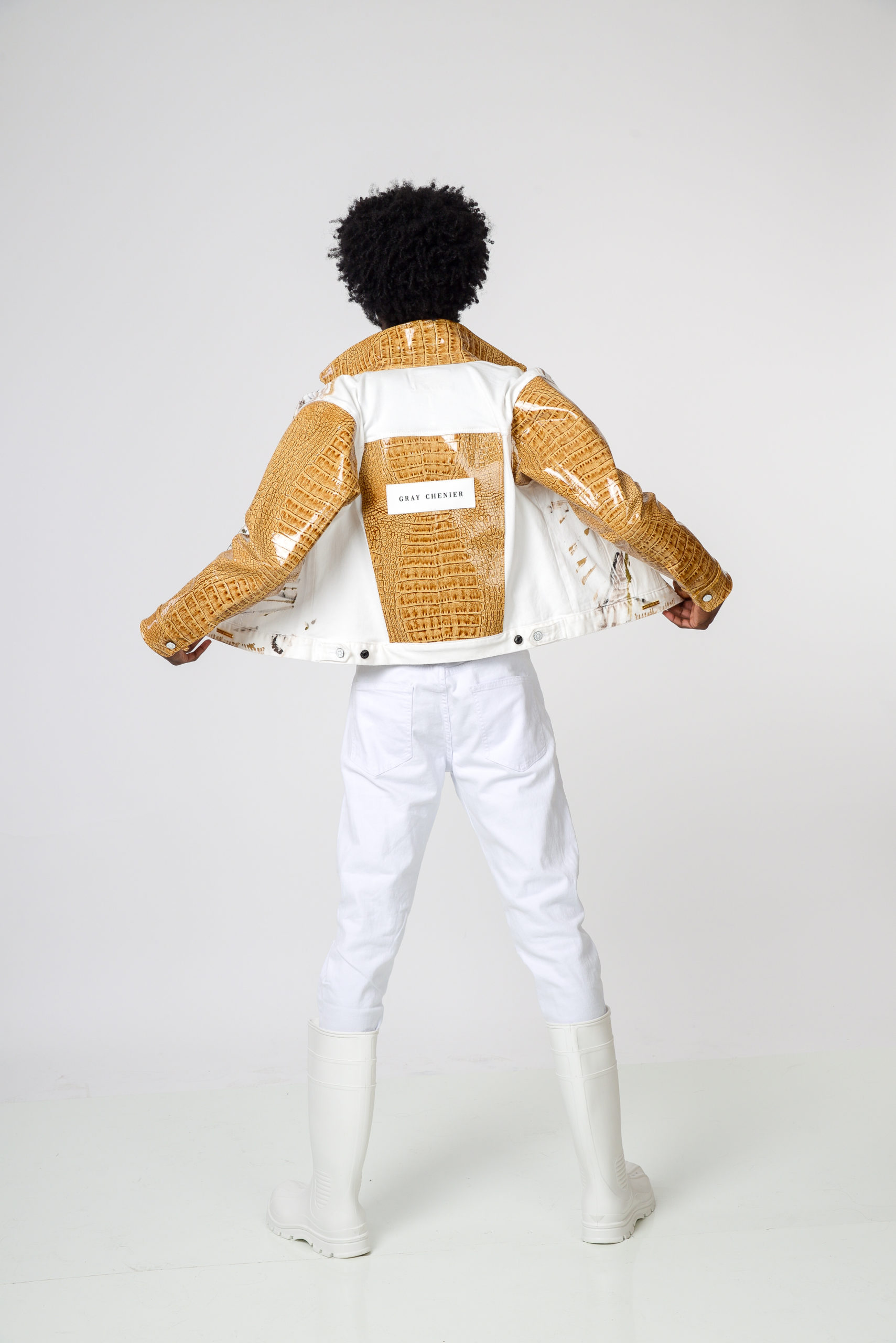 Tawny patent leather and handpainted white denim jacket Graychenier